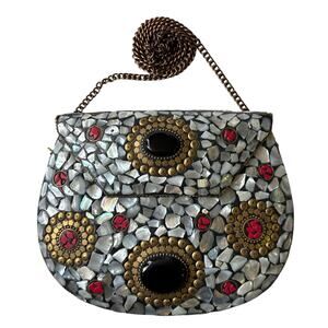 Vintage Mosaic Shell Clutch with Gold Accents and Red Inlays